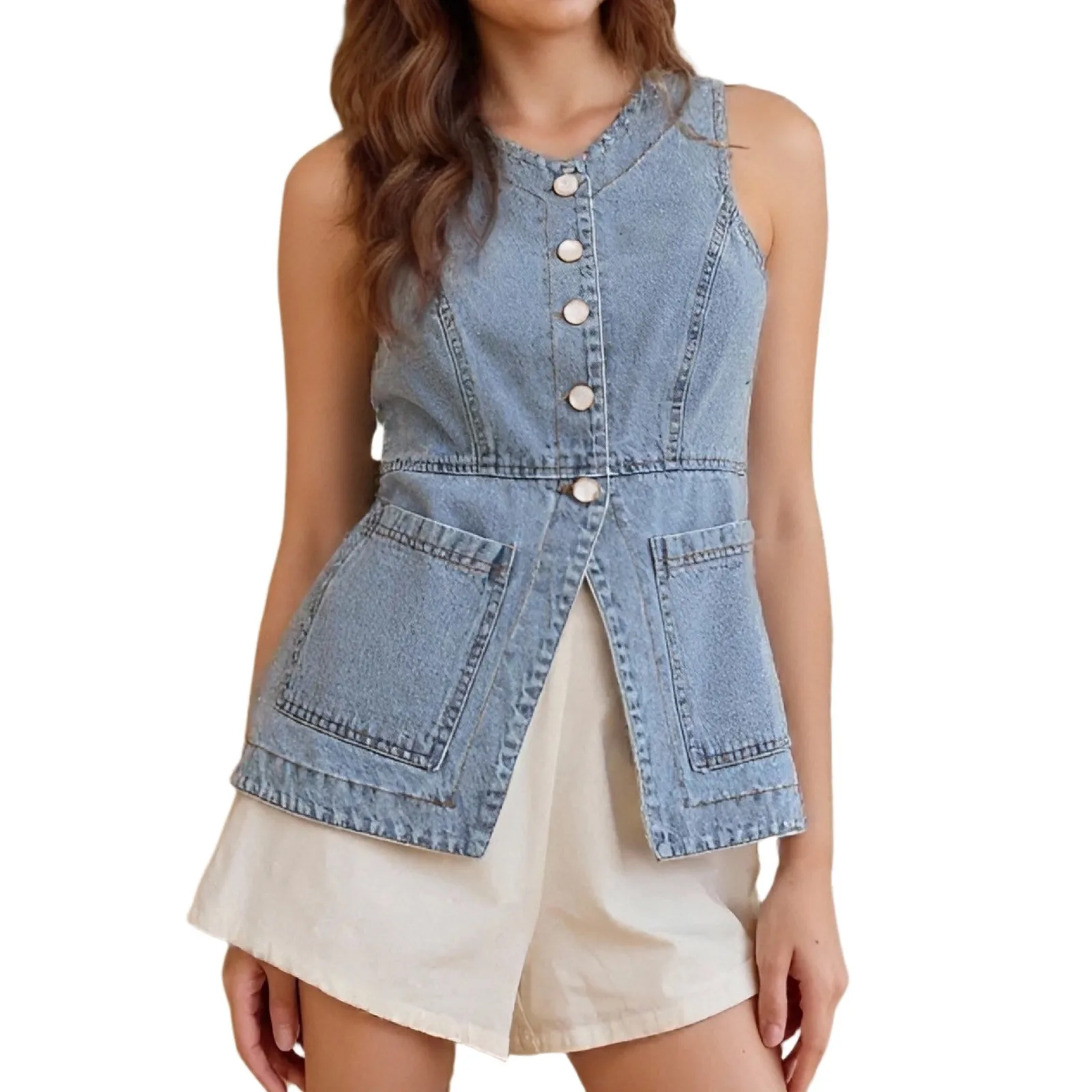 Spring Summer New Amazon Independent Station European American Fashionable Sleeveless High-Waisted Loose-Fit Denim Short Jeans V