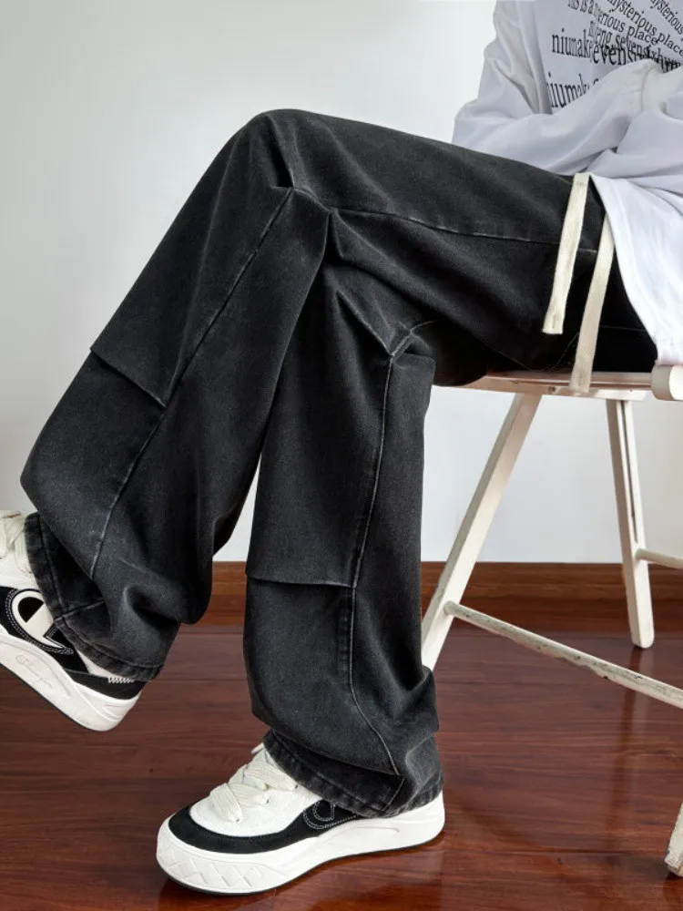 

Waed Vintage Men's Jeans Folded Design Street Sle Haome Pants Spring Autumn American Retro Straight Leg Wide Leg Pants
