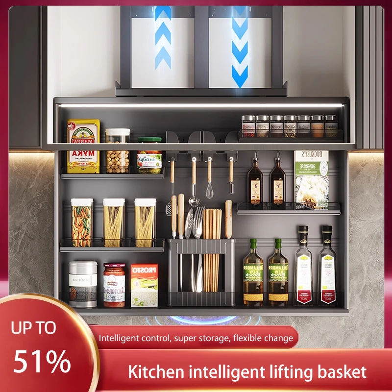 

Electric Lifting Hanging Cabinet Pull-Out Basket Cabinet Vertical Pull-Down Automatic Touch Sound Control Flavor Rack