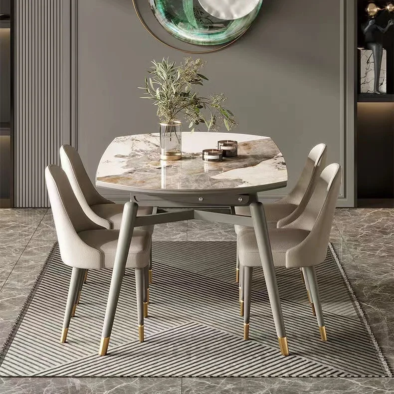 Slate dining table Solid wood chair Retractable belt Turntable Folding household