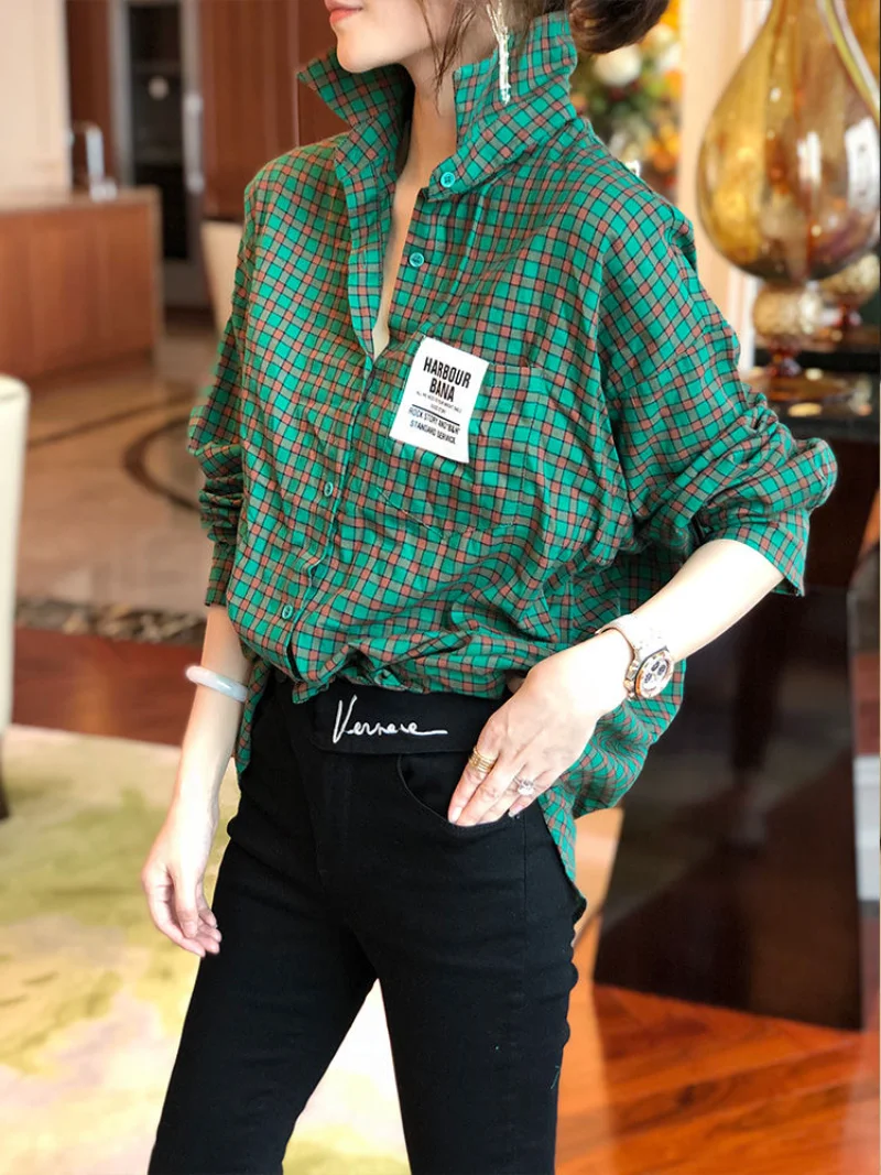 Long Sleeve Plaid Blouse Woman Satin Casual Loose Vintage Elegant Chic Top Women\'s Buttoned Shirt Fashion Aesthetic Korean Style