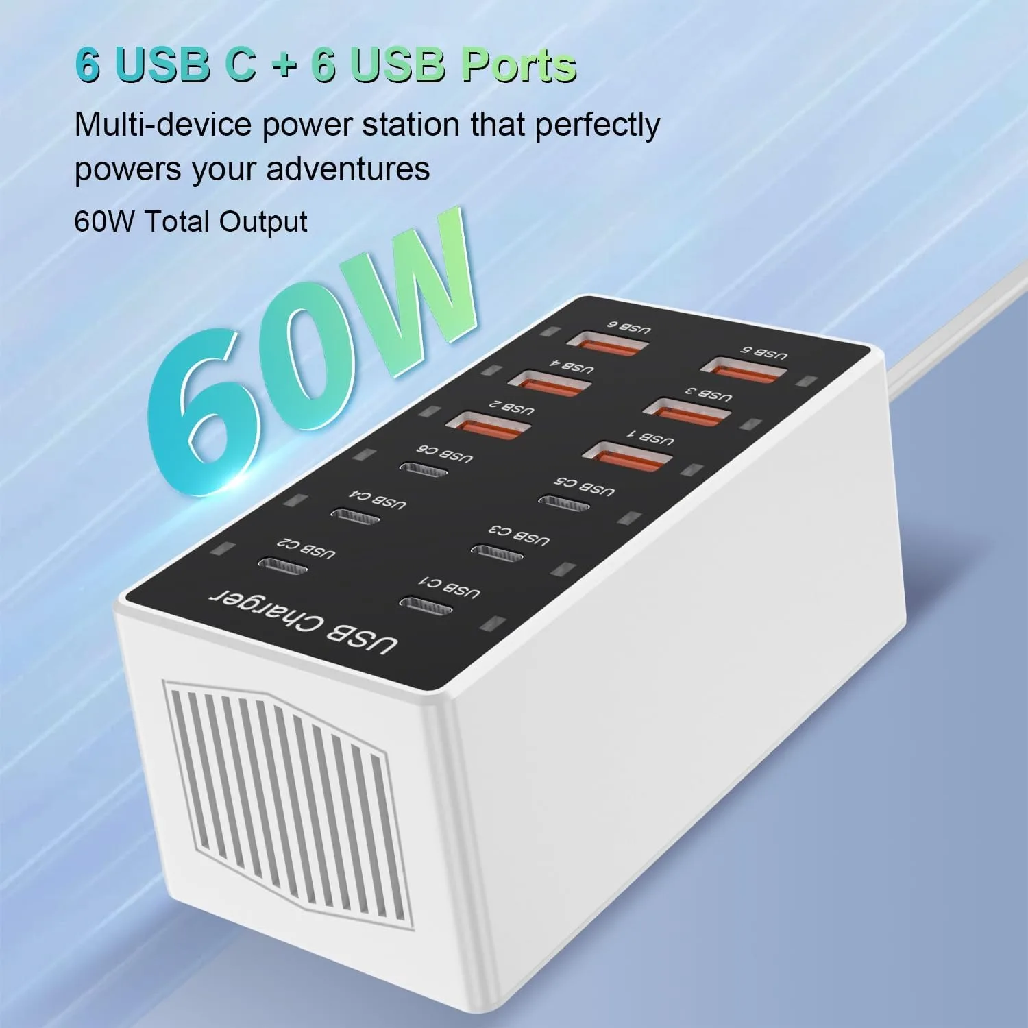 60W 12 Port USB Charger Desktop Type C USB-A Wall Charger USB Charging Station For Ipad Smartphone Watch USB Charging Devices