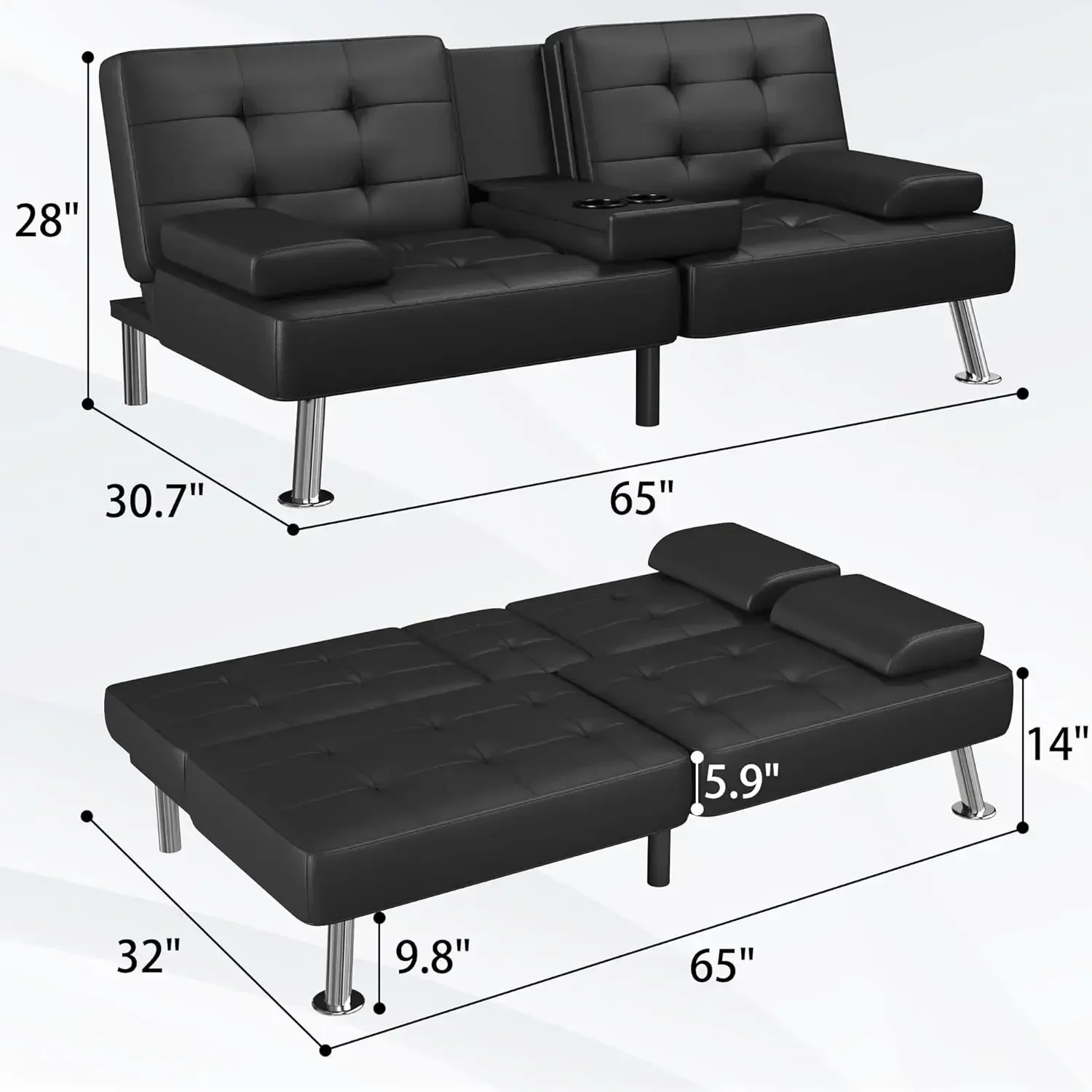 Futon sofá cama moderno dobrável conjunto futon couro falso conversível reclinável lounge para sala de estar com 2 copos holdersk sofá