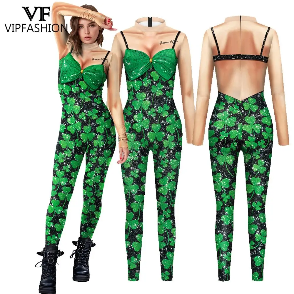 VIP Fashion St. Patrick's Day costume บรารัดรูปพิมพ์ลาย3D jumpsuit ผู้ชายชุดบอดี้สูทสีเขียวโคลเวอร์ zentai