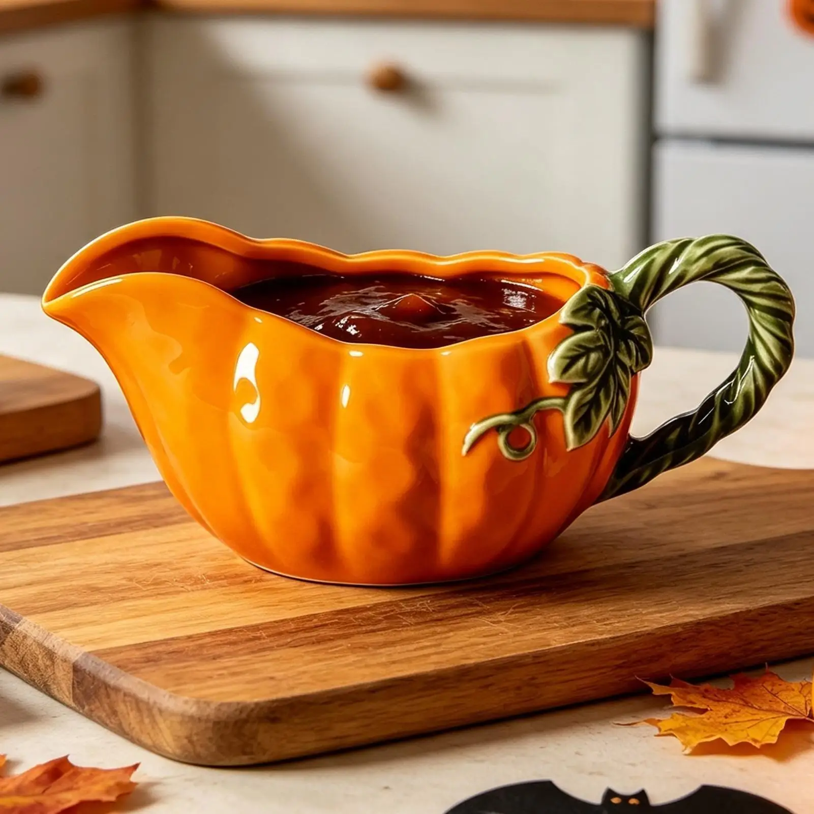 Gravy Boat Large Handle Easy-Pour Spout Pumpkin-Shaped Coffee Milk Gravy Boat for Beef Steak Turkey Salad Dressing Juice Milk