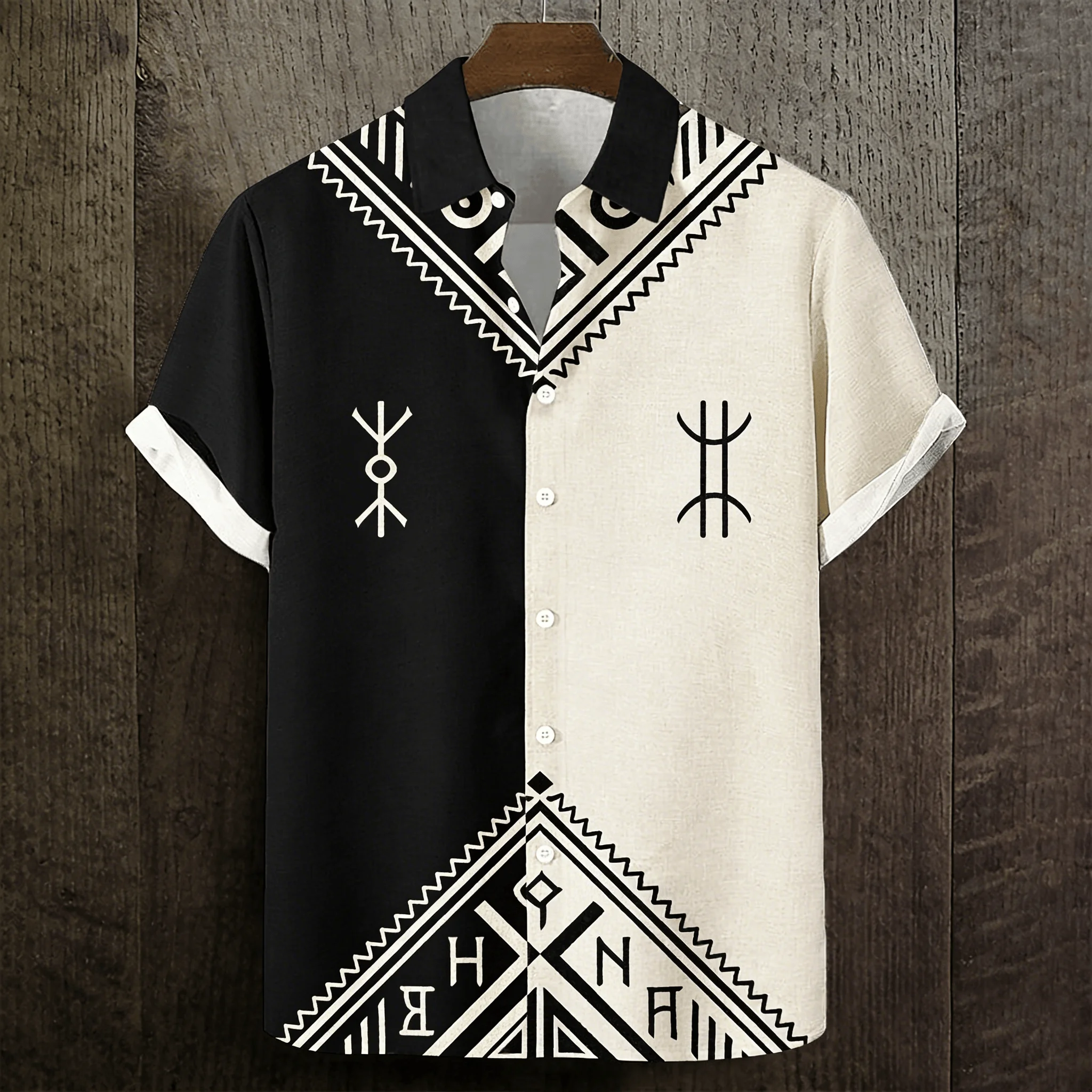 

Men's Black & White Split Tribal Rune Print Short Sleeve Shirt, Ethnic Geometric Button Down for Spring Summer Casual