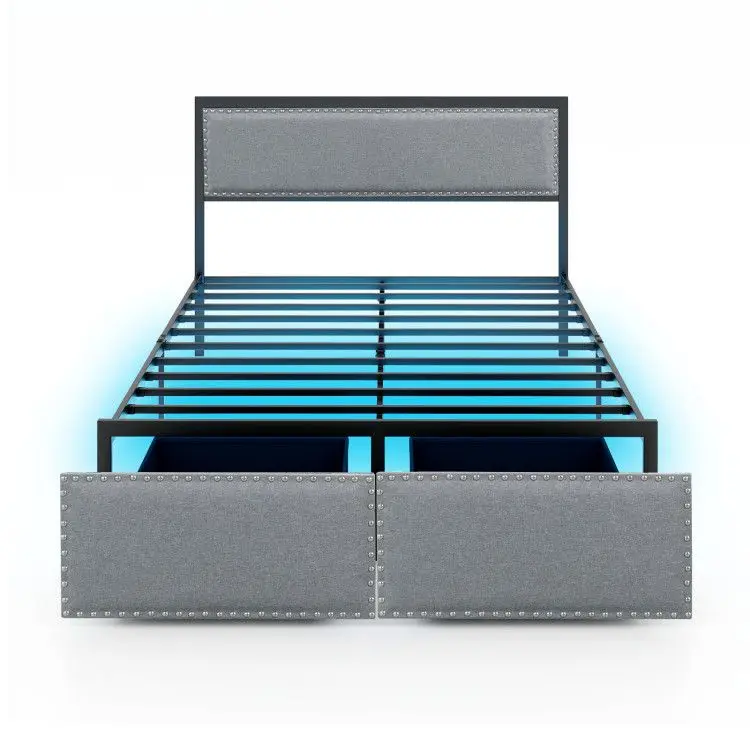 

Full/Queen/Twin Size Bed Frame with LED Lights Drawer and Metal Slats