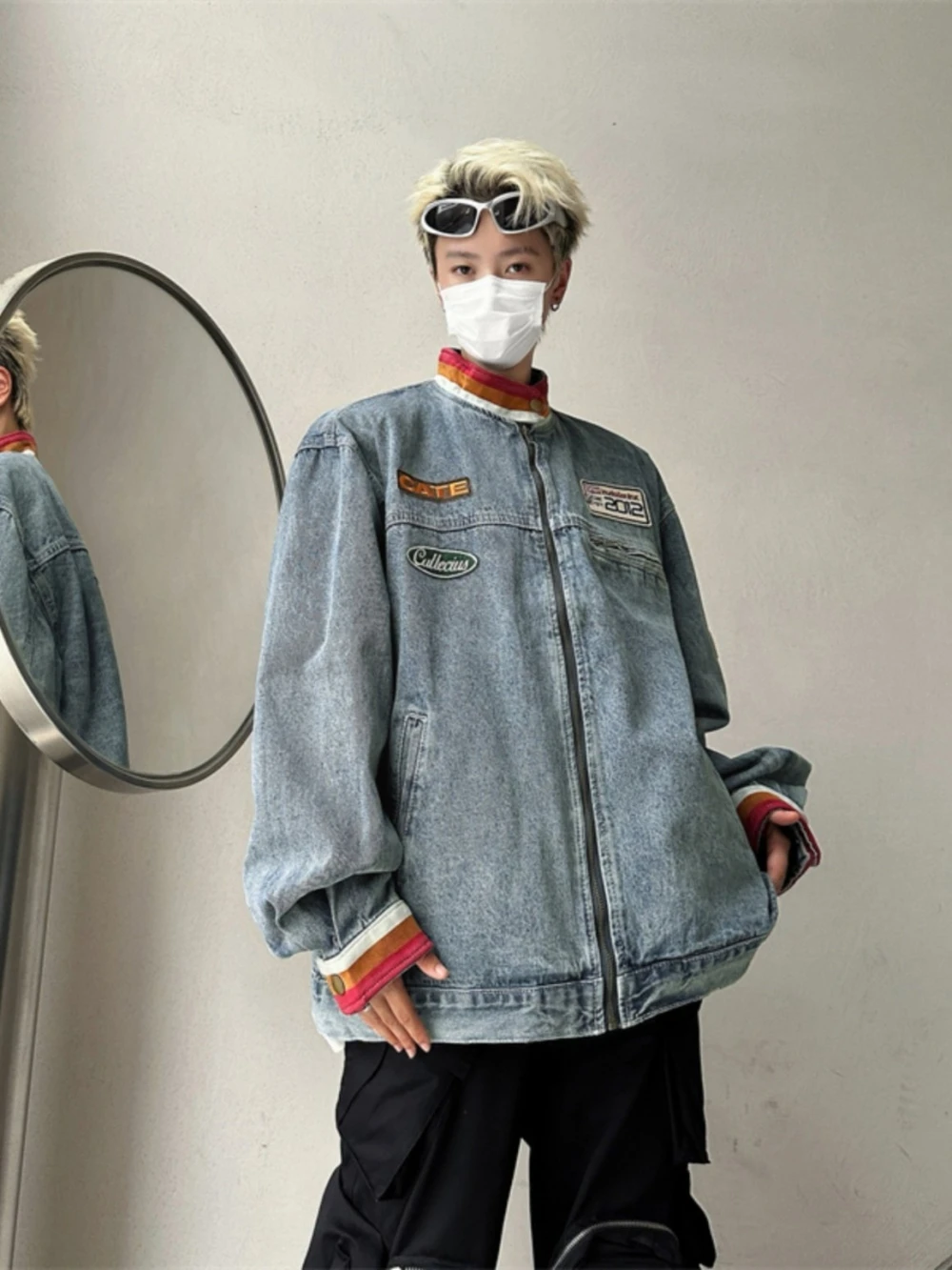 

Мужская повседневная джинсовая куртка на молнии с воротником-стойкой, свободного кроя, весна-осень, в американском уличном стиле, хип-хоп, мотоциклетная куртка