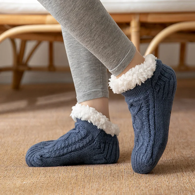 Winter Fleece Lined Floor Socks Women Men Cable Knit Non Slip Plush Warm Cozy Indoor House Home Slipper Sock Adult Soft Footwear