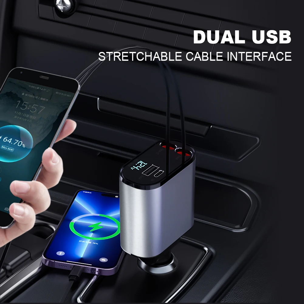 4 IN 1 140W PD QC3.0 Flexible Retractable Car Fast Charger for Apple USB Type C Super Fast Charger Cigarette Lighter Adapter