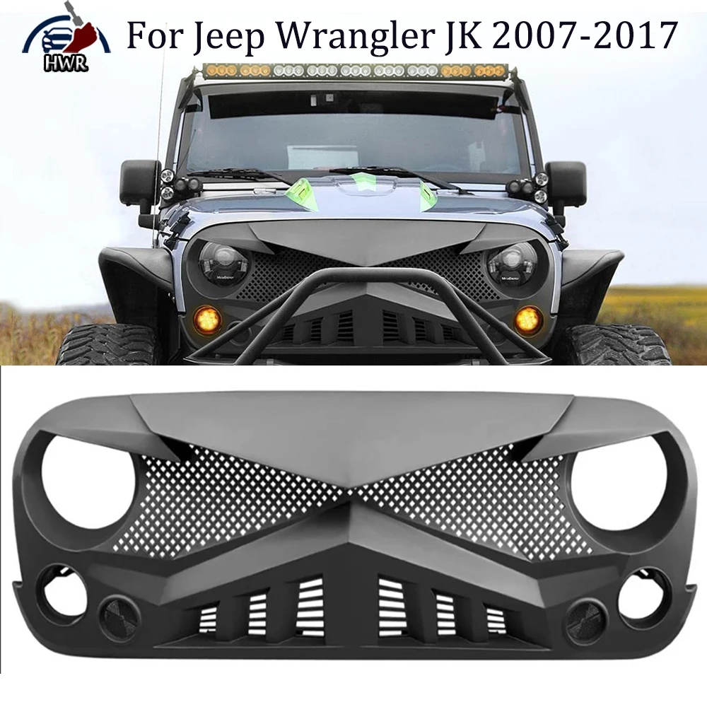 Knight Style Front Grille Bumper Grilles Cover For Jeep Wrangler JK 2007-2017 Gloss Black Replace Original Car Front Grille