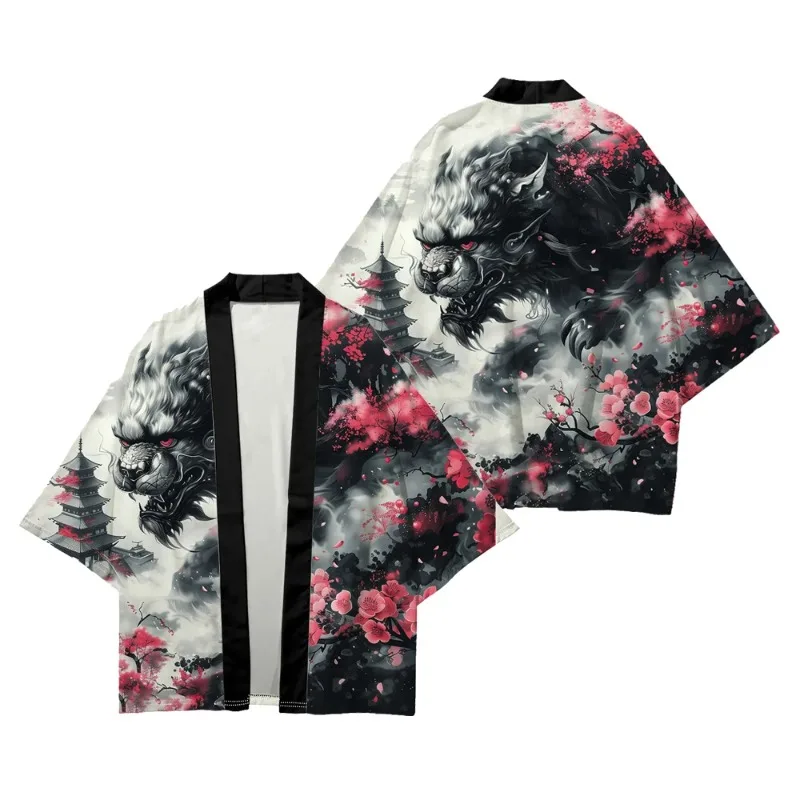 Anime Mythical Beas Tlion Tiger Print Kimono Traditional Samurai Japanese Cardigan Yukata Women Men Harajuku Haori Cosplay Tops