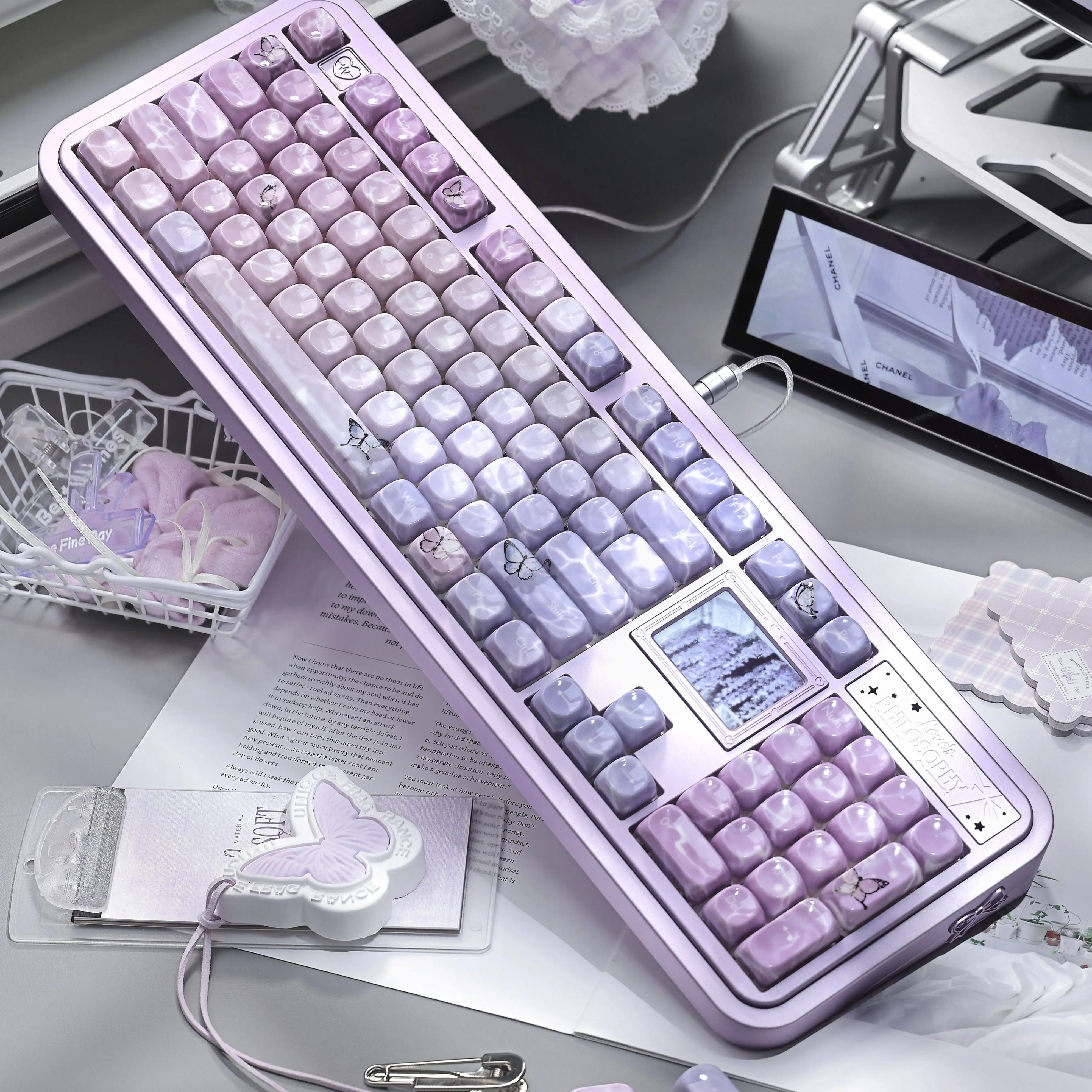 MAIMOOO Light Purple Butterfly Keycap MOA Profile PC Dreamy Water Ripple Jade Texture Jelly Keycaps for Mechanical Keyboard