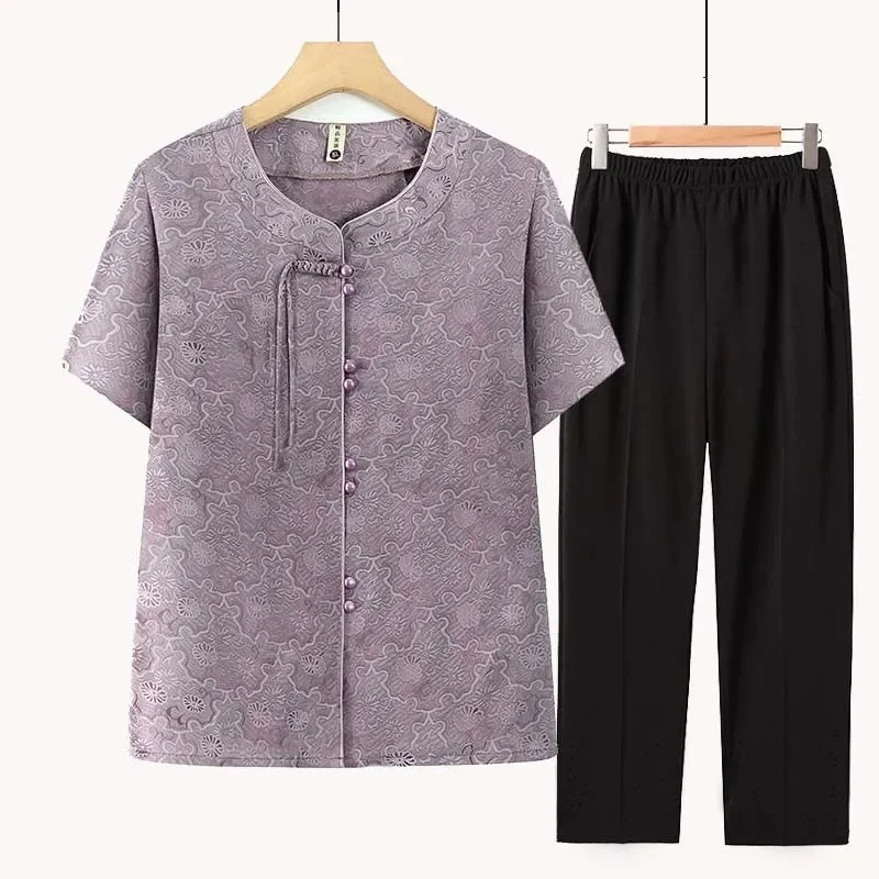 

Women's New Chinese Style Short Sleeve Shirt Pants Set Summer Casual Two Piece Outfit for Elderly Mothers