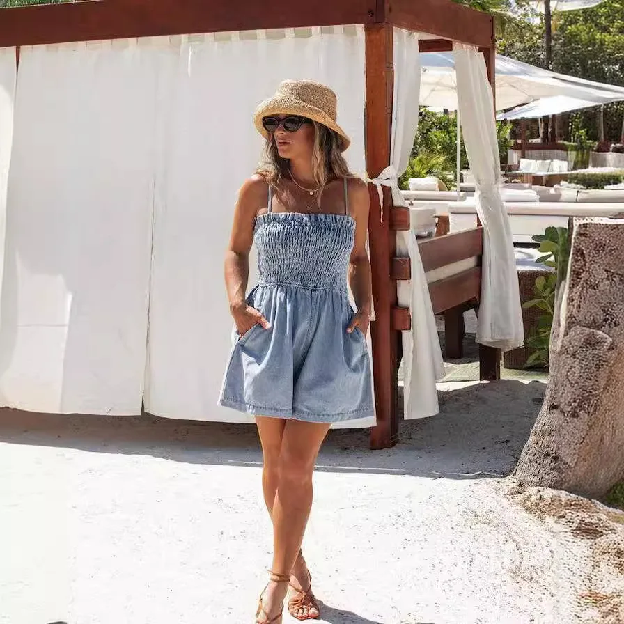 

Новинка лета 2023: Женский джинсовый комбинезон-шорты с завышенной талией, однотонный, в европейском стиле, свободный крой, без рукавов, из плотного хлопка