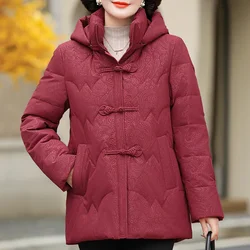 Middle Age Women Winter Short Down Coats Vintage Prakas Hooded 2024 Elegant Thick Warm Down Jackets Woman Outerwears