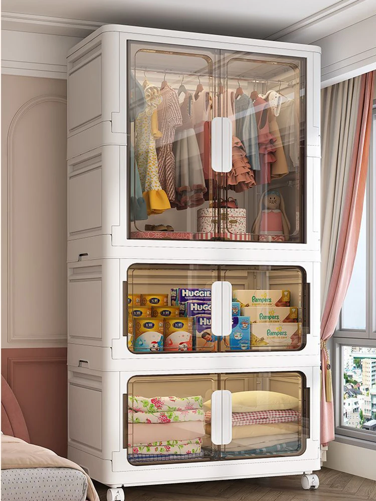 Transparent Cabinets Storage Children Foldable Wardrobes Organizer Mobile Closet Clothes Containers Cupboard Bin Furniture