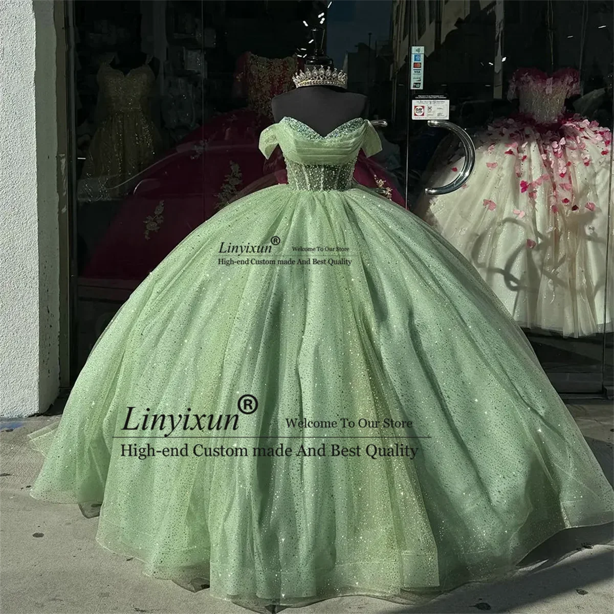 

Sweet Sage Green Quinceanera Dresses Off The Shoulder Pleat Ball Gown Illusion Glitter Crystal Beading Vestidos 16 De 15 Añoss