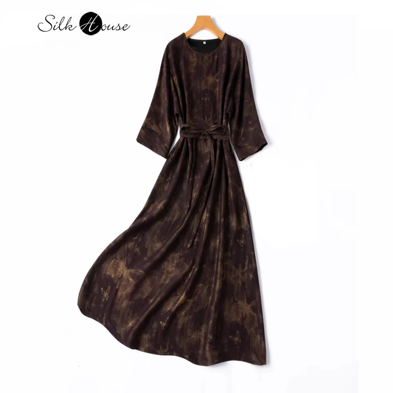 

Extended 30MM 100% Natural Mulberry Silk Gambiered Guangdong Gauze Eight Quarter Sleeve Women's Fashionable Round Neck Dress