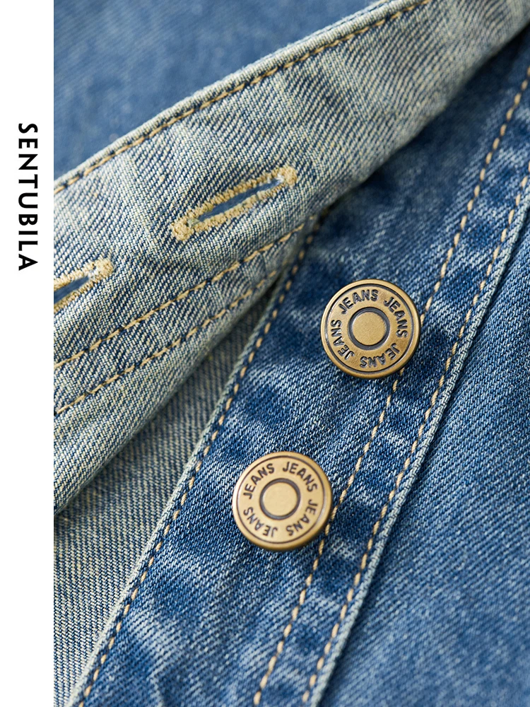 SENTUBILA 100% Cotton Washed Denim Jacket for Women 2024 Autumn Retro Loose Patchwork Pockets Leather Logo Coat W43C56148