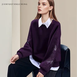 Fashion Women' Shirt Collar Purple Sweatshirt Loose-fitting Casual Warm Thicken Fall Winter Tops Stretching Knitted Pullovers