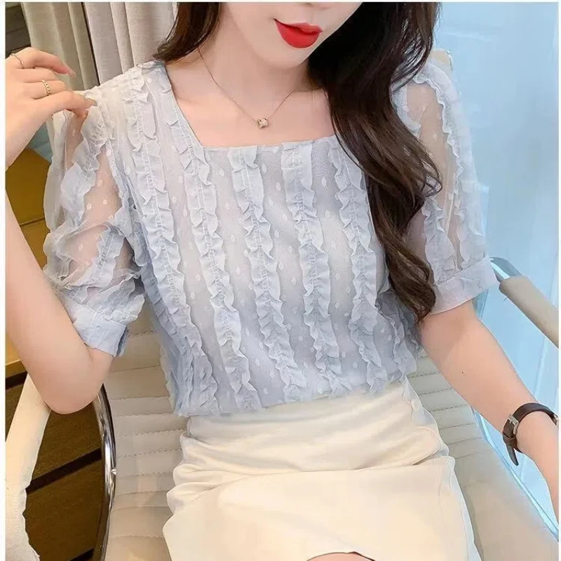 2024 New Summer Korean Edition Simple Short Sleeved Chiffon Pullover Solid Color Square Neck Hollow Lace Women\'s Shirt Top