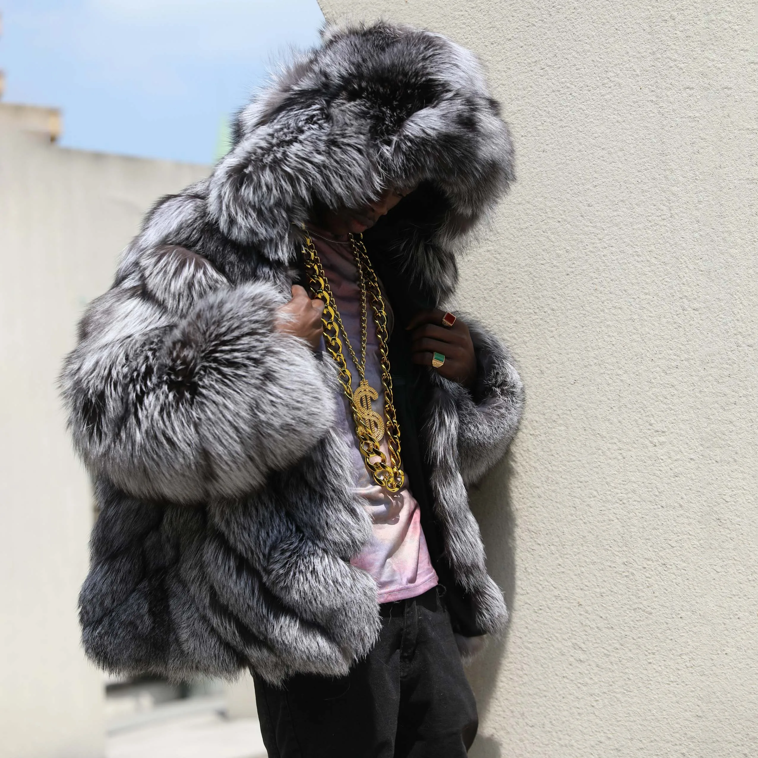 Men Long Fur Custom Size Available Fluffy Full Sleeves Thick Big Hooded Real Silver Fox Fur Coat