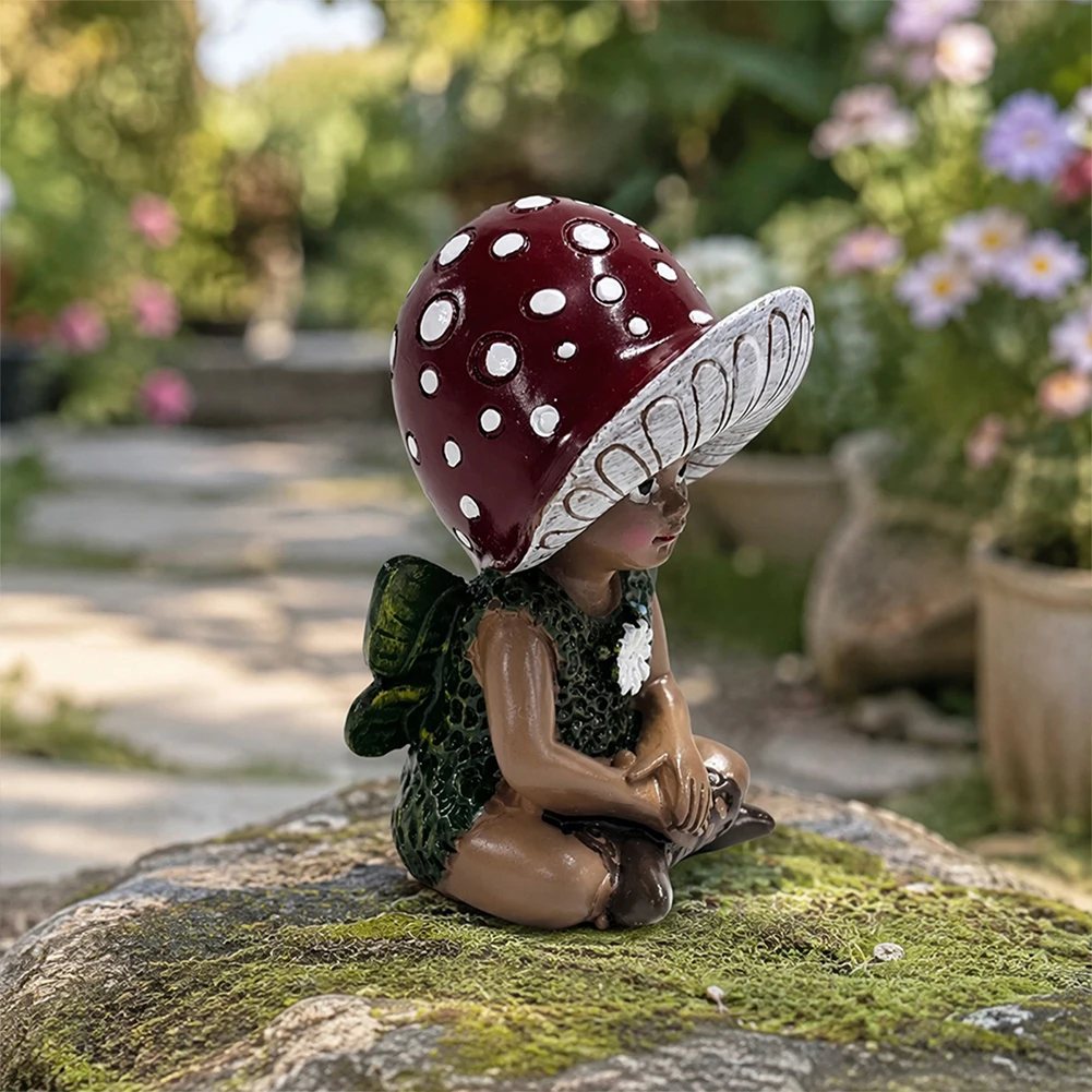 Mushroom Gnome Elf Ornaments Waterproof Desktop Mushroom Elf Sculpture Miniature Fairy Figurine for Bedroom Backyard Balcony