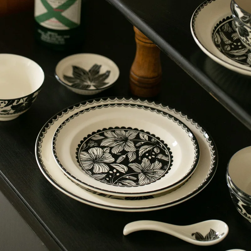 Vajilla de cerámica de colores bajo vidriado de lirio francés, platos, cuencos, cuencos de arroz para fideos domésticos, platos profundos, restauración antigua