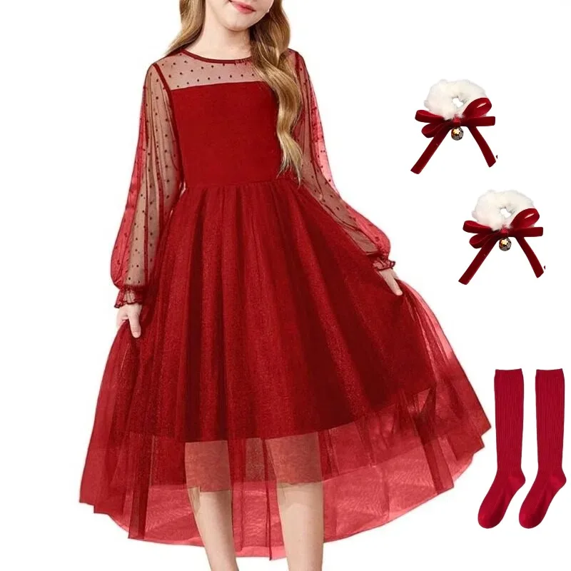 

New Year Red Princess Dress Tulle Tutu Dresses with Lace Long-sleeved Accessories Full Set Performance Attire for Women Girls