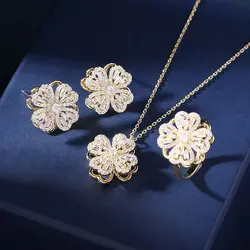 G&D 3pcs/Set Luxury Rotatable Flower Pendant Necklace for Women Anxiety Release Ring Spinning Clover Jewelry Gold Color