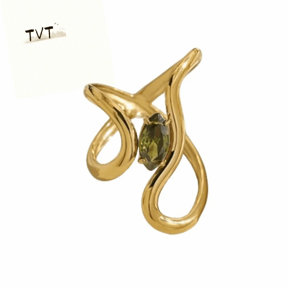 Wellendesign Unregelmäßige Edelstahlringe Doppelschichtige Rote Zirkon-Blumenmuster 18K Vergoldete Ringe Offener Ring