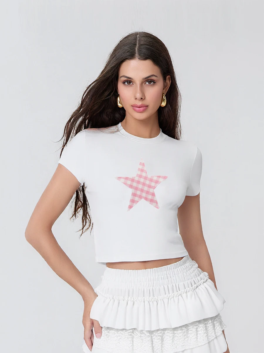 

Women's Summer Casual Short Tops Short Sleeve Round Neck Star/Heart Patch T-shirt
