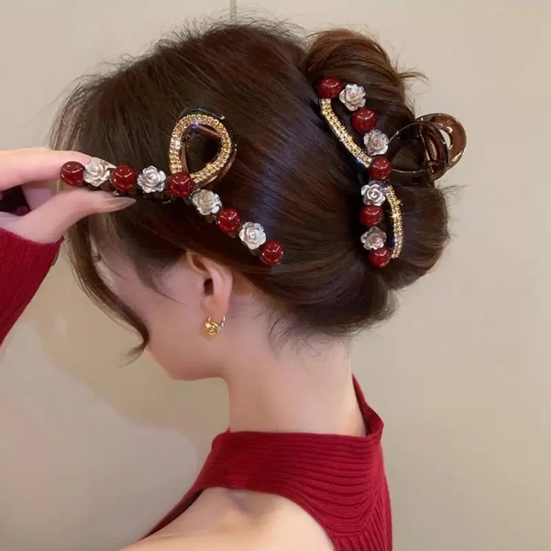 1 Stück Rosenrote Perlen-Haarspange für Damen, Herbst- und Wintermode, Haarklammer für die Hinterseite des Kopfes, Haaraccessoire – Detail 1