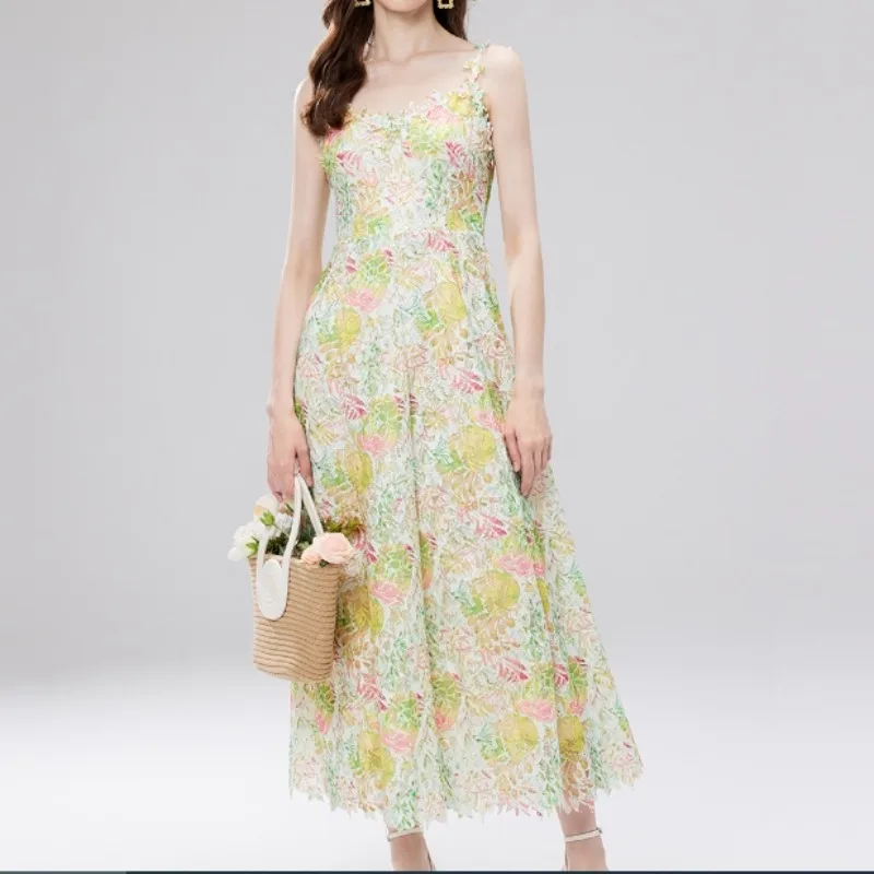Elegant Lace Casual Sleeveless Chic Hollow Out Print Sexy Straps Dresses Vintage Korean Beach Vacation Women Summer Clothing