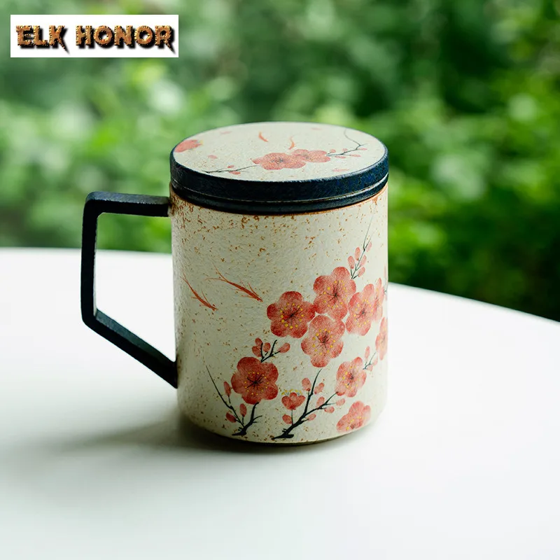 

500ml Hand-painted Plum Blossom Filter Tea Separator Cup Ancient Tea Mug With Infuser Tea Soaking Office Water Cup Teaset Craft