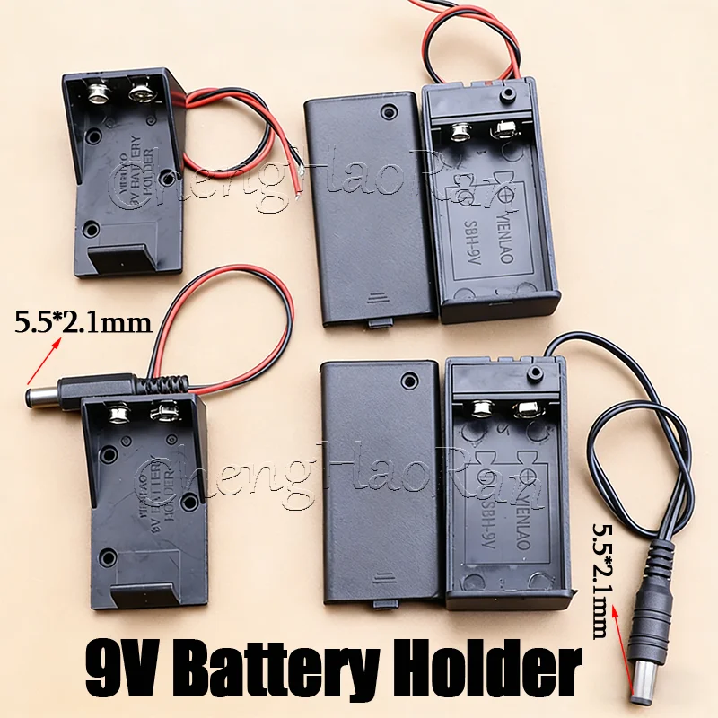 1PC 9V Battery Holder 9V Battery Box Case 9V Battery Clip Holder With Wire Lead ON/OFF Switch Cover Case With 5.5x2.1mm Plug