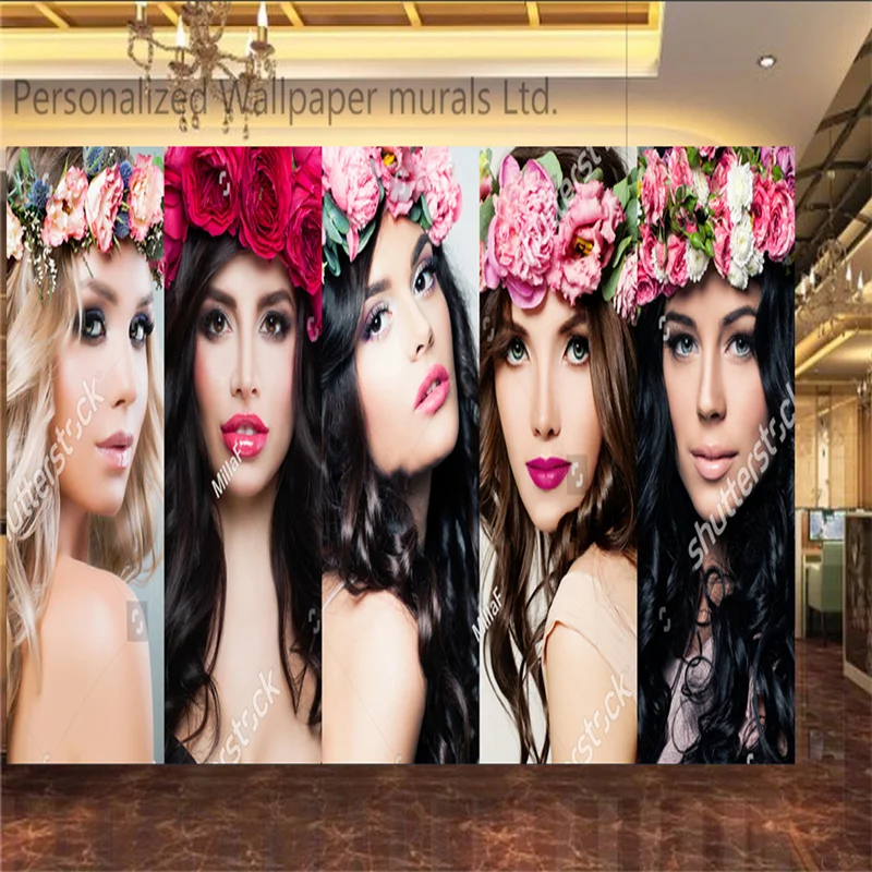 

Custom Hair Salon Wallpaper Beautiful Women Colorful Flowers Makeup Long Hair Mural Barber Shop Background Papel De Parede 3d