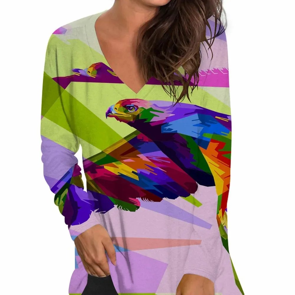 

Women's 3D Printed Casual V-Neck Loose Top Tees Long Sleeve Sweater Winter T-shirt Korean Fashion Woman Clothes 2025