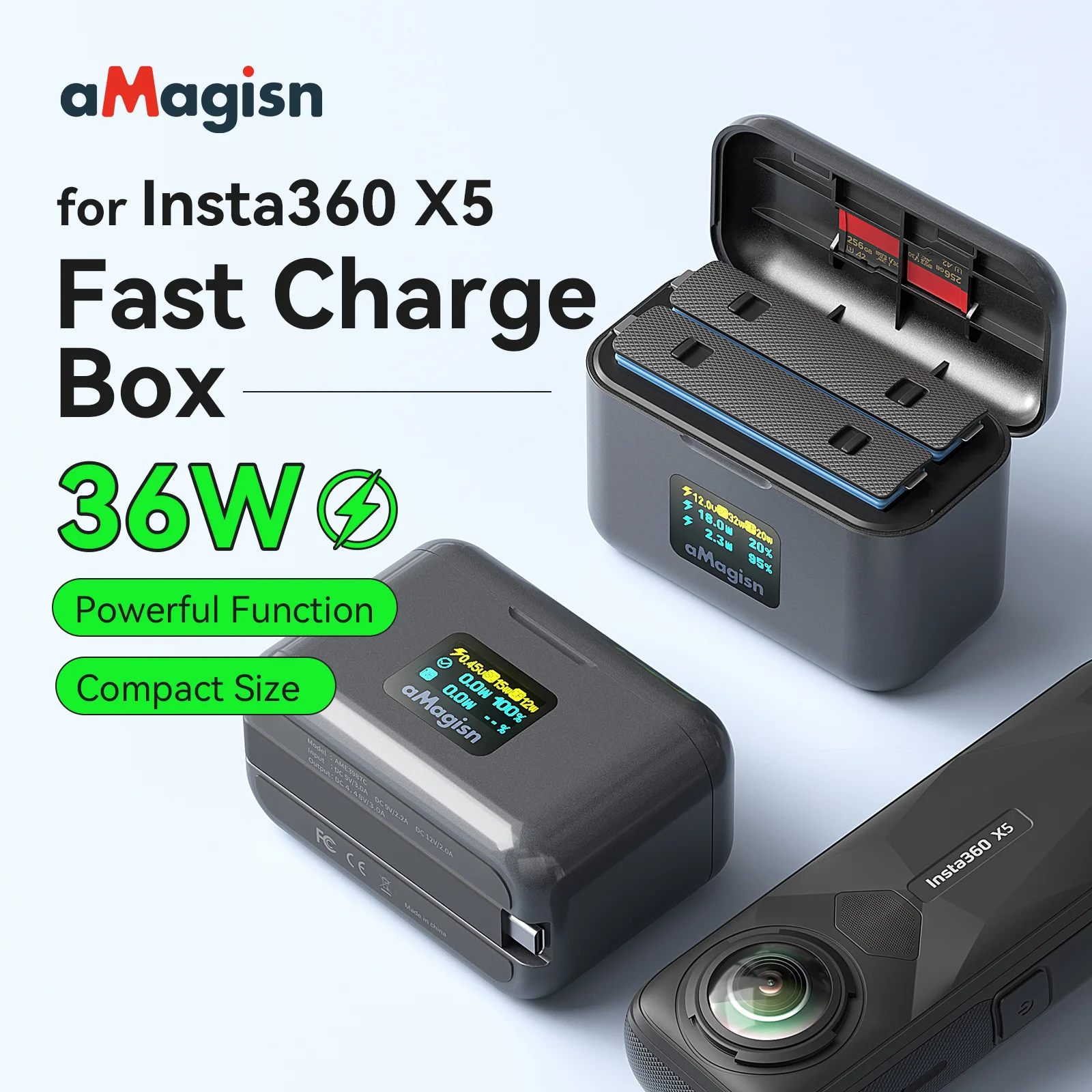 

For Insta360 X5 Battery Fast Charging Case with Screen Display 36W Dual Slot Quick Charger Power Bank Function Travel StorageBox