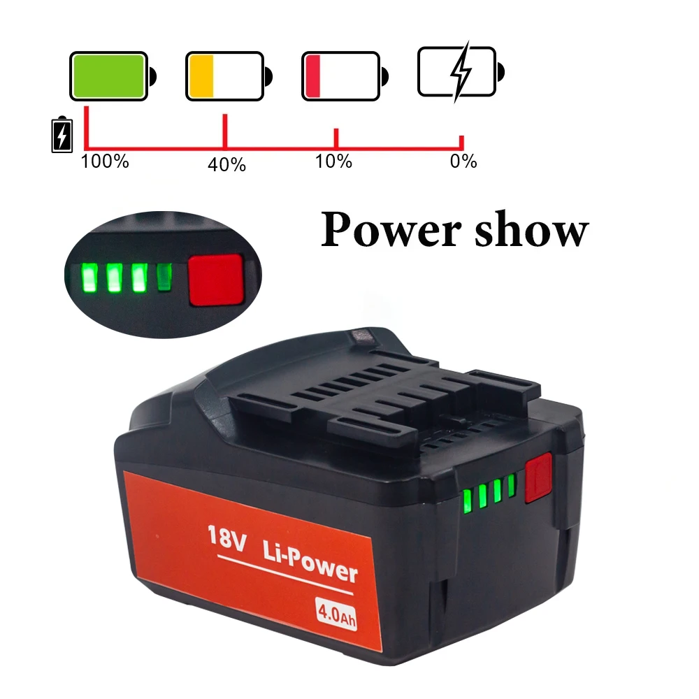 Lithium-Ion Battery 18V 4.0Ah for Metabo Wireless Power Tools Rechargeable Battery Drill Bit Drive Hammer for Metabo 18V Battery