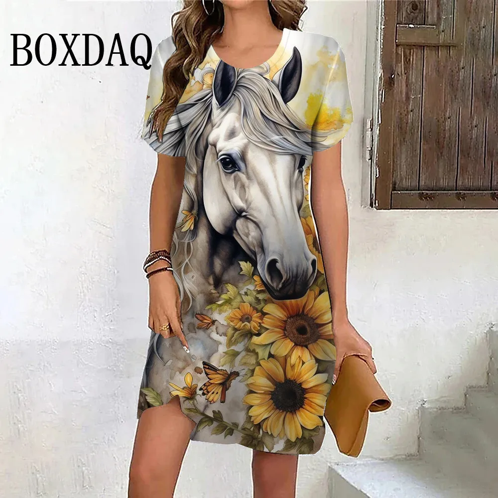 Tie Dye Animal Horse Dresses Women Floral 3D Print Short Sleeve Dress Casual Loose Sundress Summer Fashion O-Neck Ladies Dresses