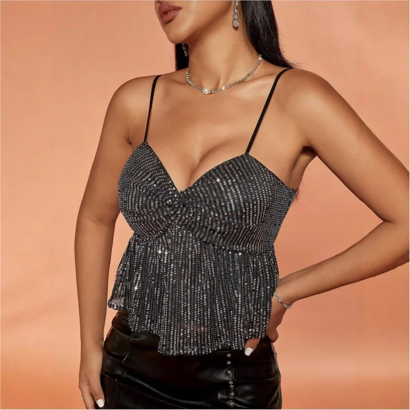 

EDGLuLu женские модные женские сексуальные черные топы с открытой спиной и блестками, женские топы на бретельках без рукавов с v-образным вырезом 2025 года, топ на бретельках с рюшами 0923