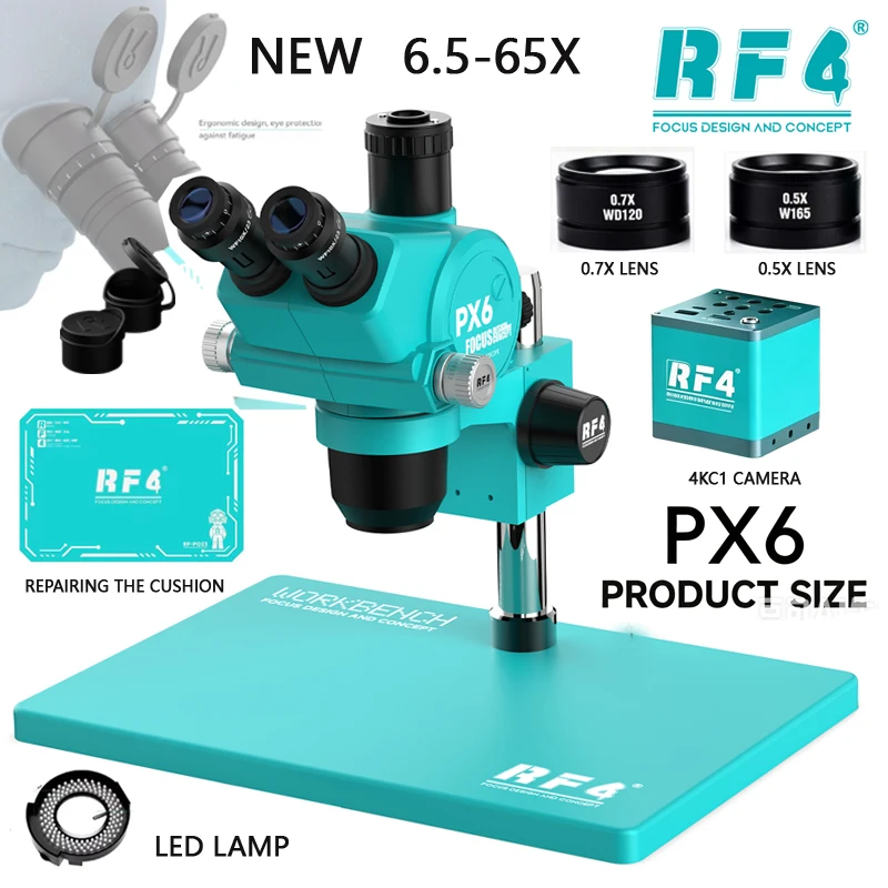 RF4 PX6 6.5-65X Trinocular Stereo Microscope HD 4K Camera for Electronic Repair Motherboard PCB Welding Fault Detection Tool