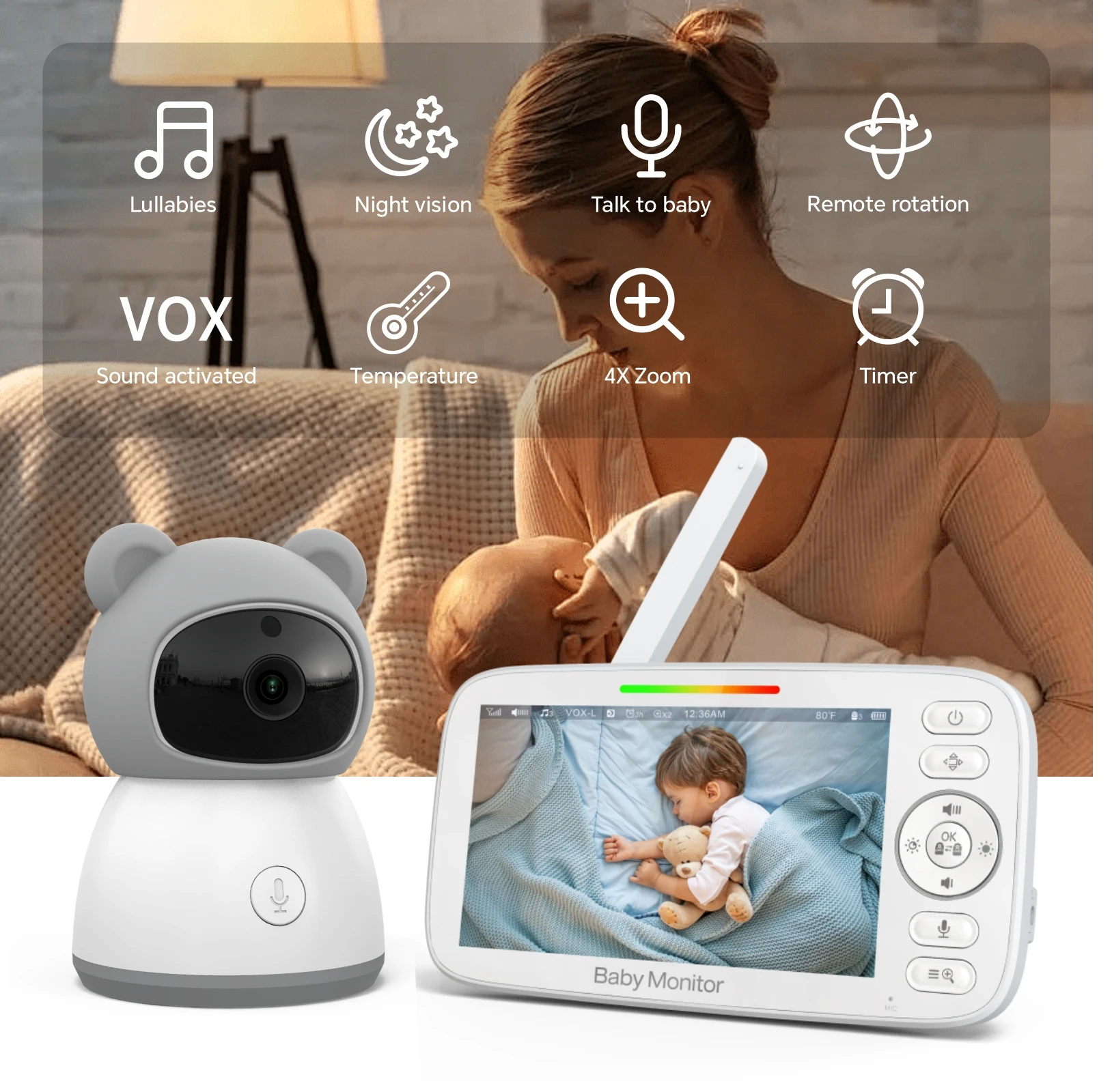 Factory New 5.0 Inch Baby Monitor 360 Degree Rotatable Camera 1280x720P HD Screen Night Vision for Two-Way Audio IP65