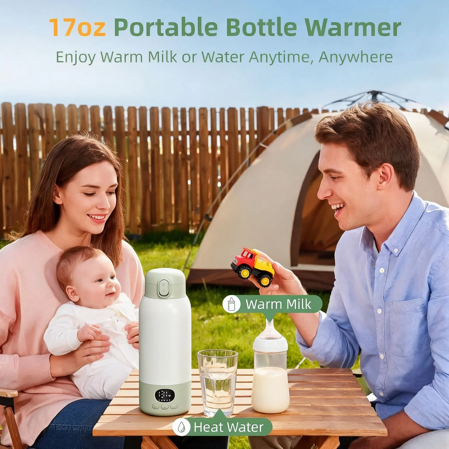 Portable Bottle Warmer, 17oz Large Capacity Milk Warmer for Baby, Fast Heating for Breast Milk & Formula & Water,