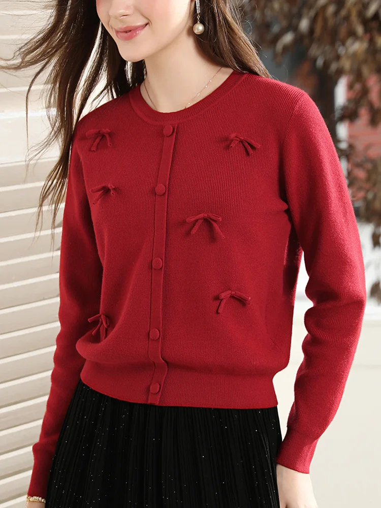 I BELIEVE YOU Woman Sweaters 2025 Sutumn Red French 3D Bow Knit Pullovers Casual O-neck Long Sleeves Knitted Clothes 2253126188