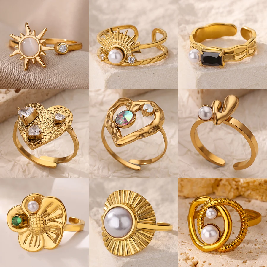 Mode Imitation Perle Ringe Für Frauen Vintage Gold Farbe Edelstahl Geometrische Zirkon Ring Luxus Minimalistischen Schmuck Geschenk