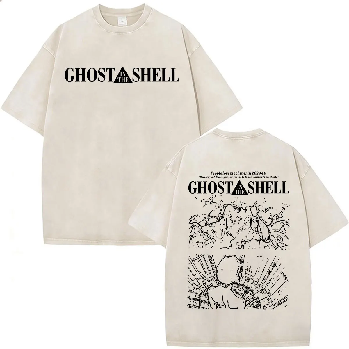 Anime Vintage Washed Motoko Kusanagi Ghost in The Shell T-Shirts für Herren und Damen, modisch, Gothic, kurzärmelig, übergroße T-Shirts, Tops