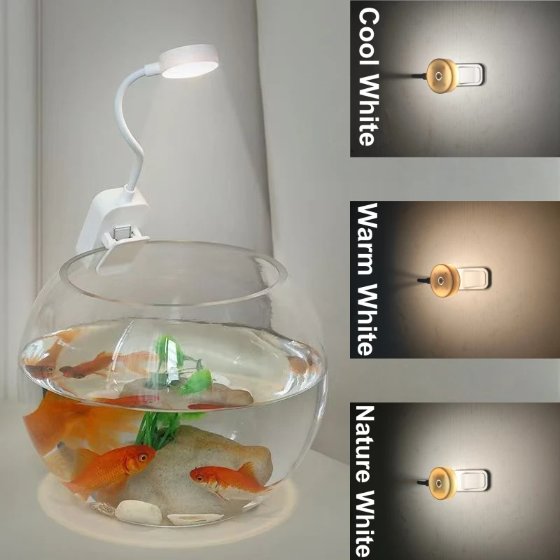 LED Aquarium Light Clip On Fish Tank Light 360° Rotation Lighting with 3-Color Small Night Light for Small Fish Tanks